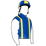 AZUL CON 2 VERTICALES AMARILLOS, MANGAS BLANCAS, CASCO AZUL MEDIO AMARILLO