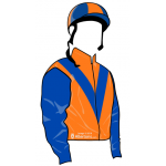 NARANJA CON V AZUL, MANGAS AZULES, GORRA AZUL A CUARTOS NARANJA