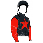 NEGRO CON ESTRELLA ROJA, MANGAS ROJAS, CASCO NEGRO