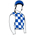 BLANCO CON CUADRADOS AZULES, MANGAS BLANCAS, CASCO AZUL
