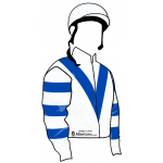 BLANCO CON V EN AZUL, MANGAS BLANCAS CON BRAZALETES EN AZUL, CASCO BLANCO